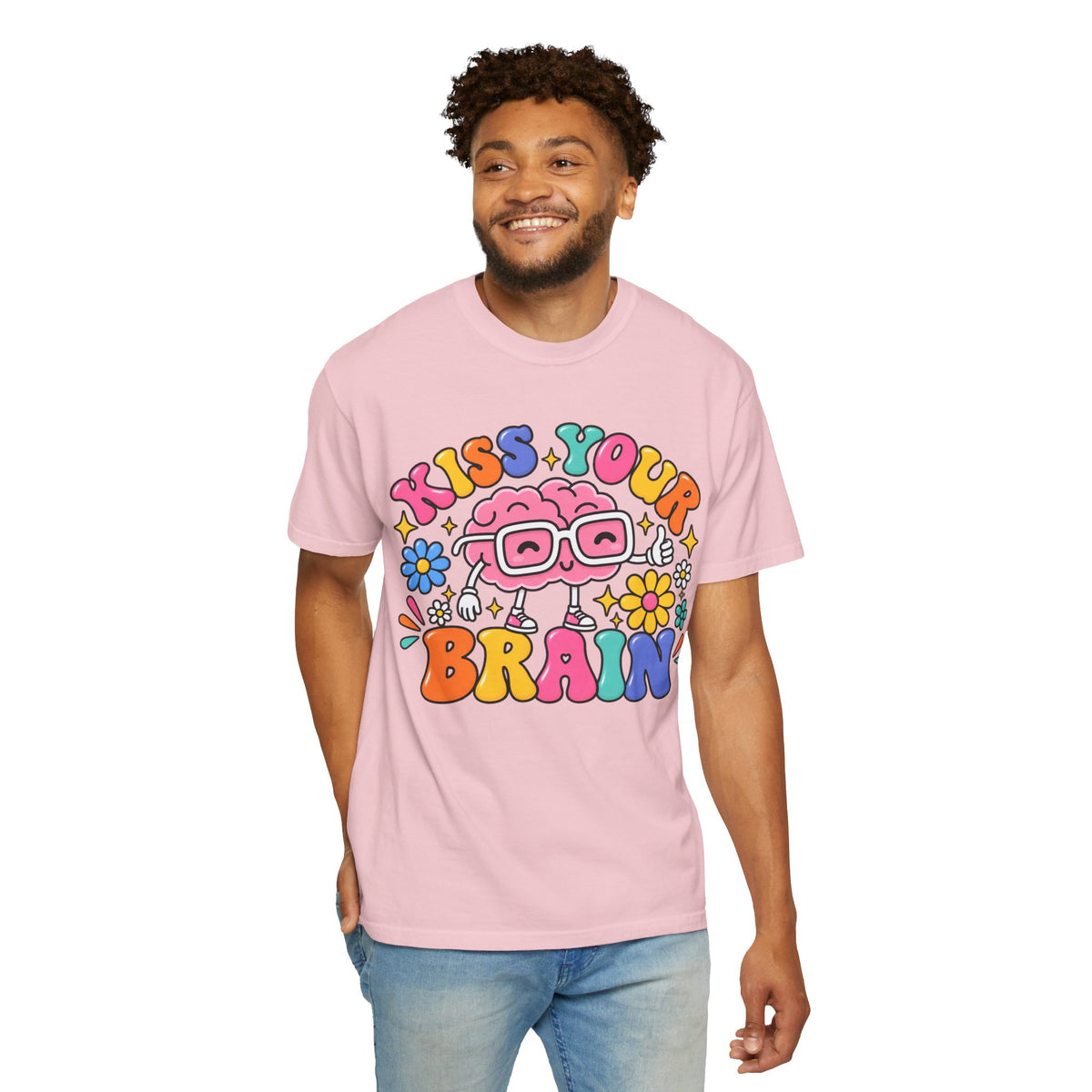 Kiss Your Brain BRI TEE | T-Shirt, Retro Cartoon Brain with Flowers