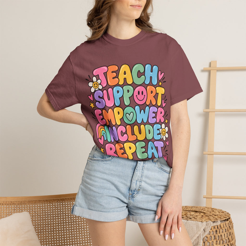 Teach Support Empower Include Repeat T-shirt | Rainbow Positivity Tee