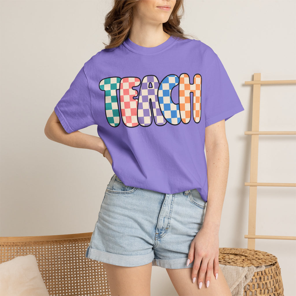 Teach Bubble Letters Checkerboard T-Shirt | Colorful Retro School Tee