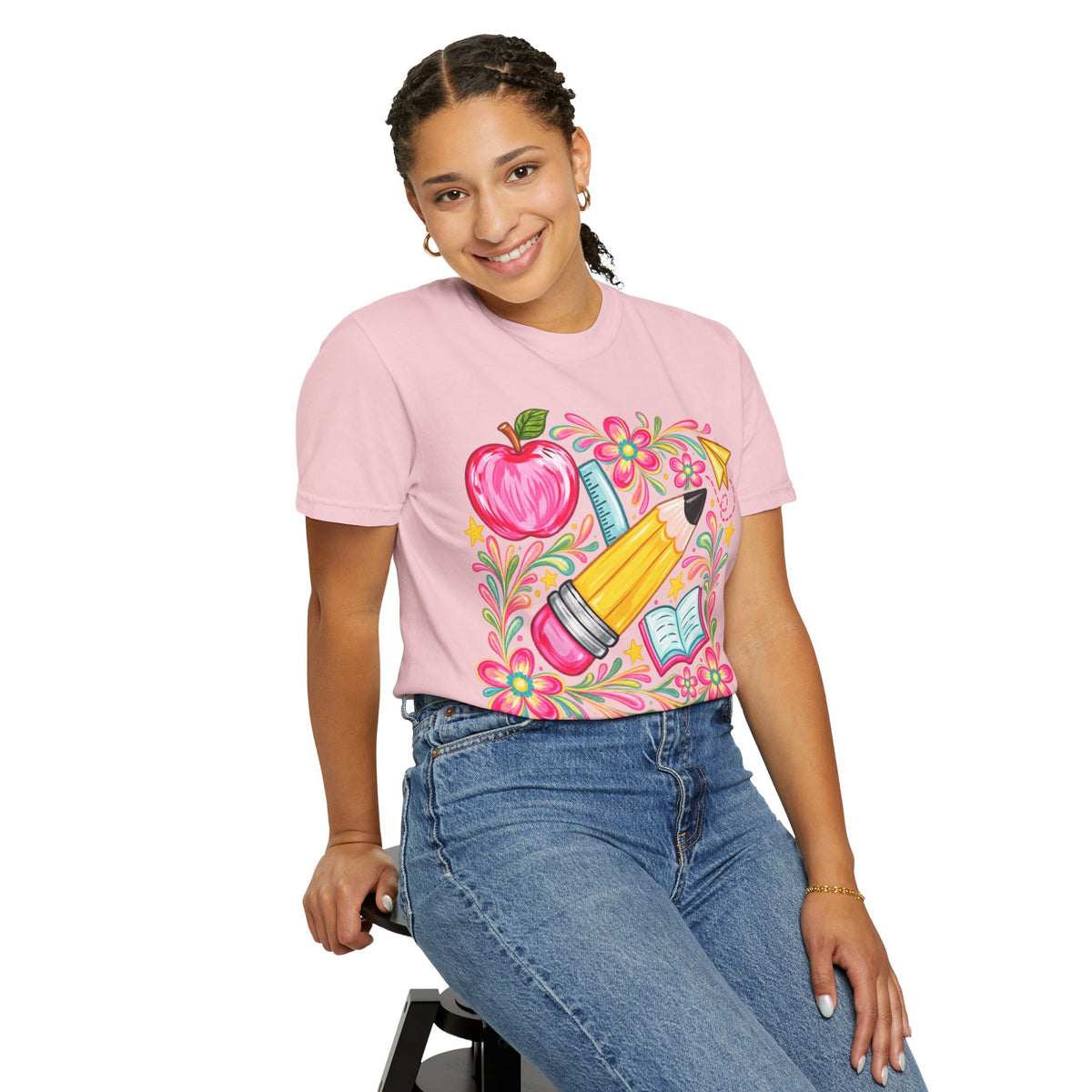 School Supplies Pencil Apple Floral T-shirt | Teacher Student Back to School