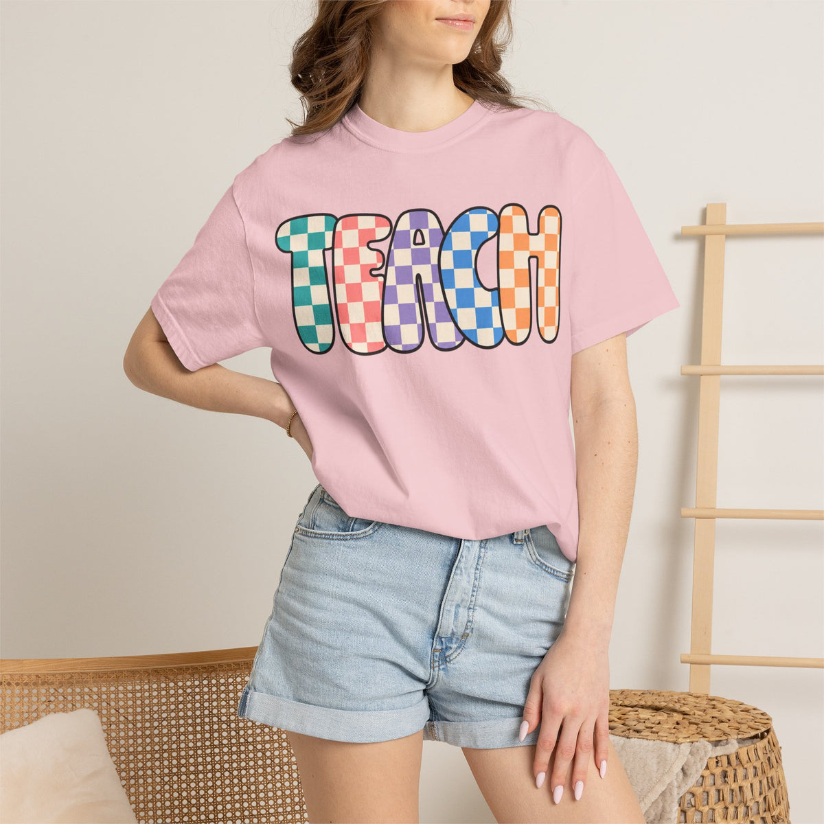 Teach Bubble Letters Checkerboard T-Shirt | Colorful Retro School Tee