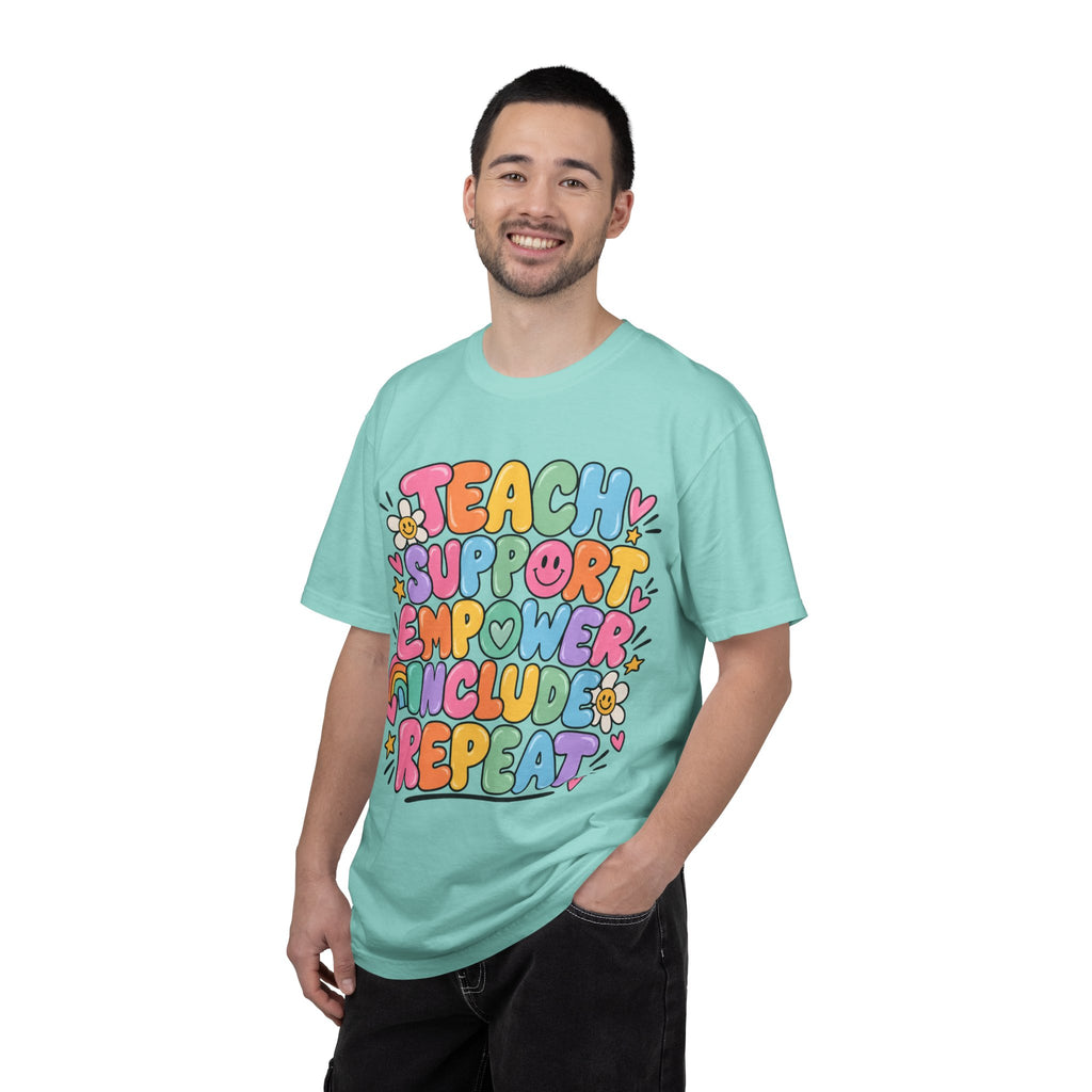 Teach Support Empower Include Repeat T-shirt | Rainbow Positivity Tee