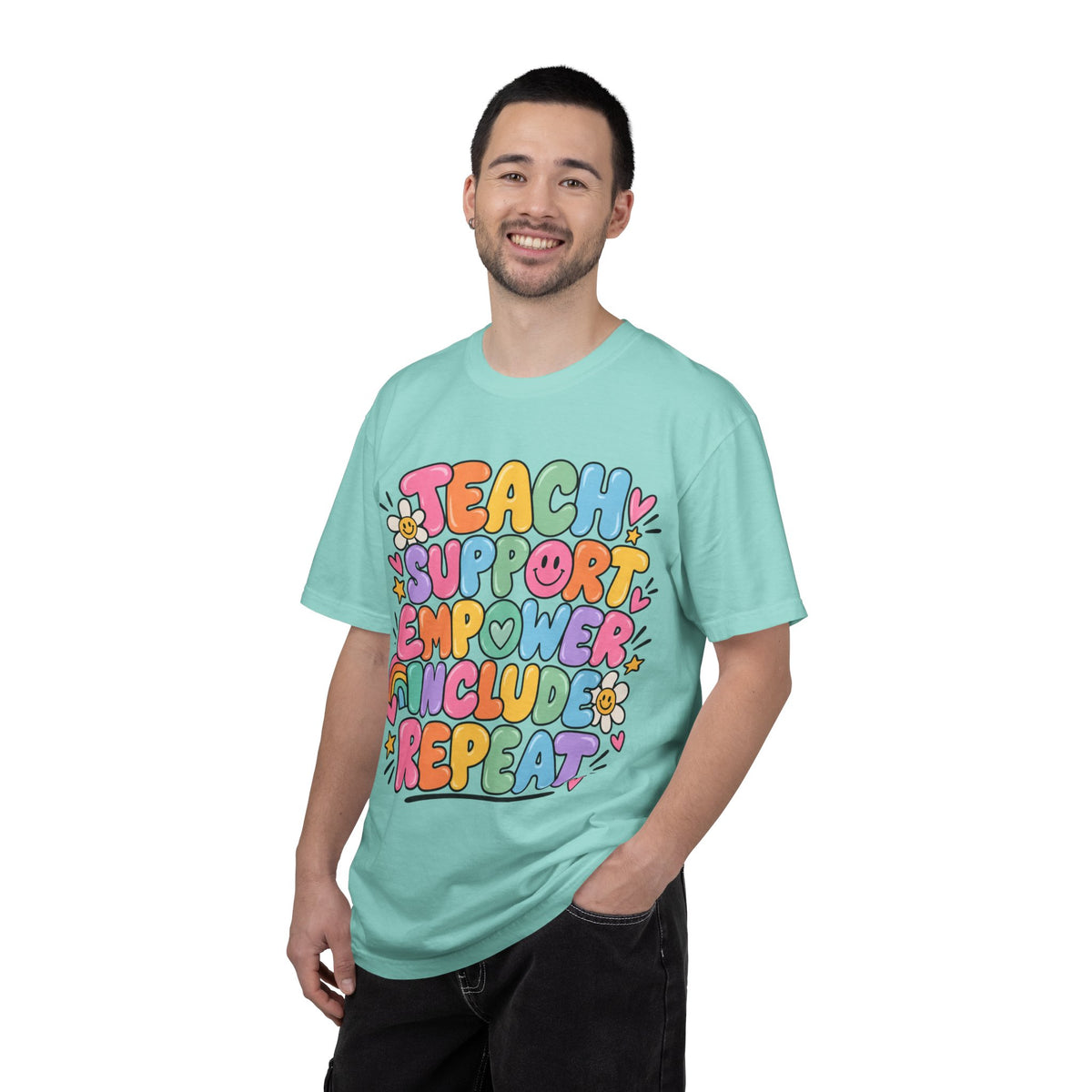 Teach Support Empower Include Repeat T-shirt | Rainbow Positivity Tee