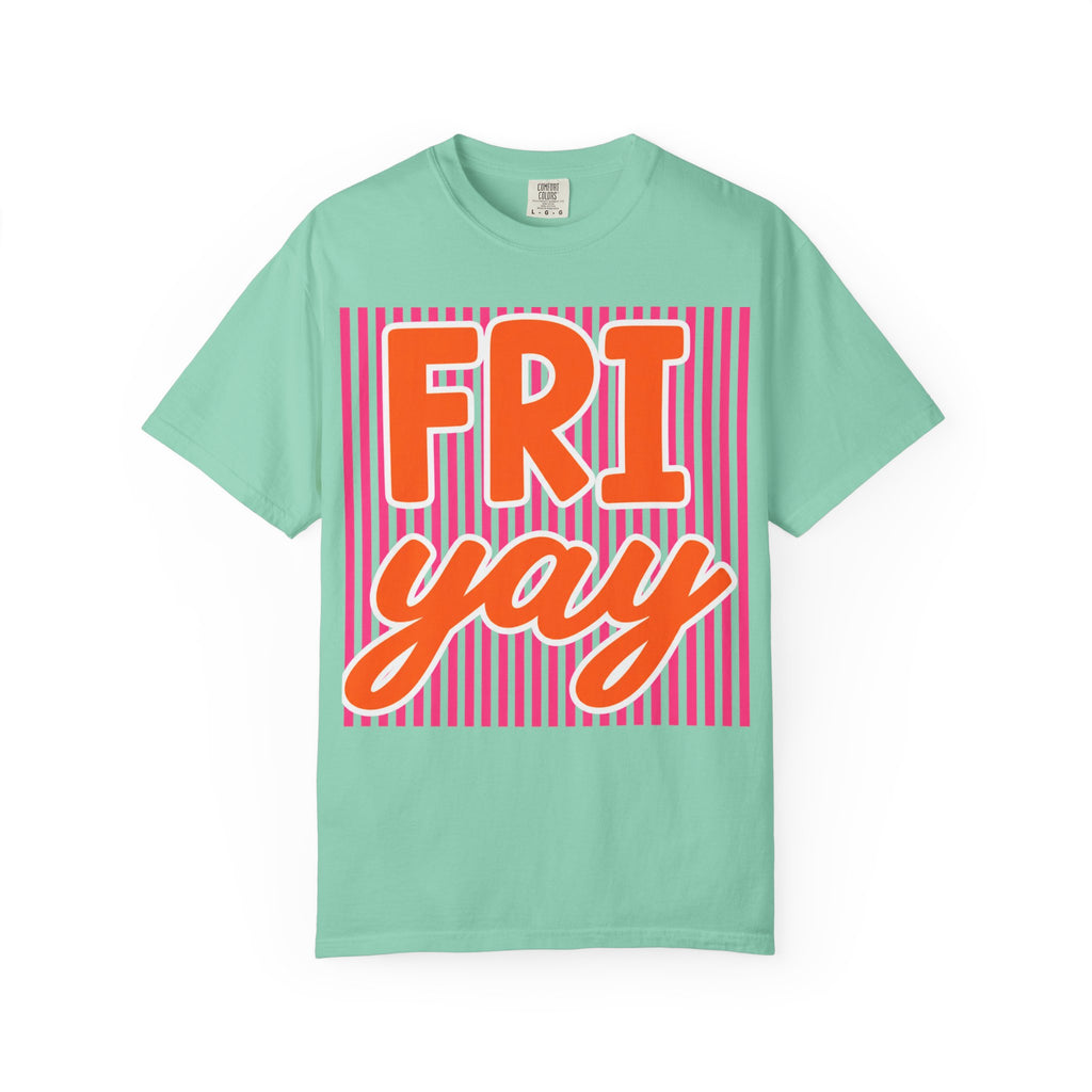 FRI yay T-shirt | Bright Retro Text, Pink Stripes