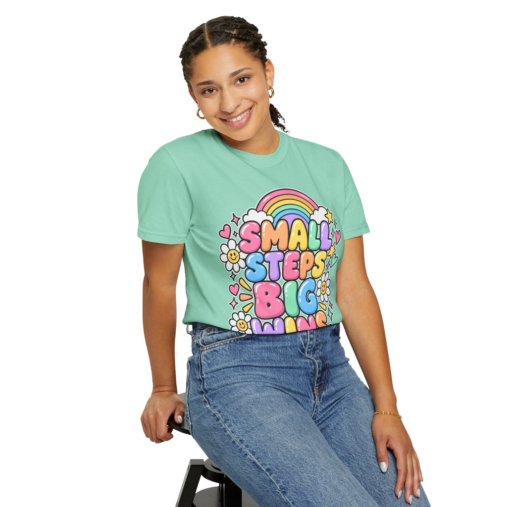 Small Steps Big Wins T-shirt | Retro Rainbow Positive Graphic