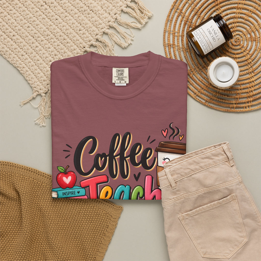 Coffee Teach Repeat T-shirt | Teacher Coffee Book Stack Pencil Mug Design