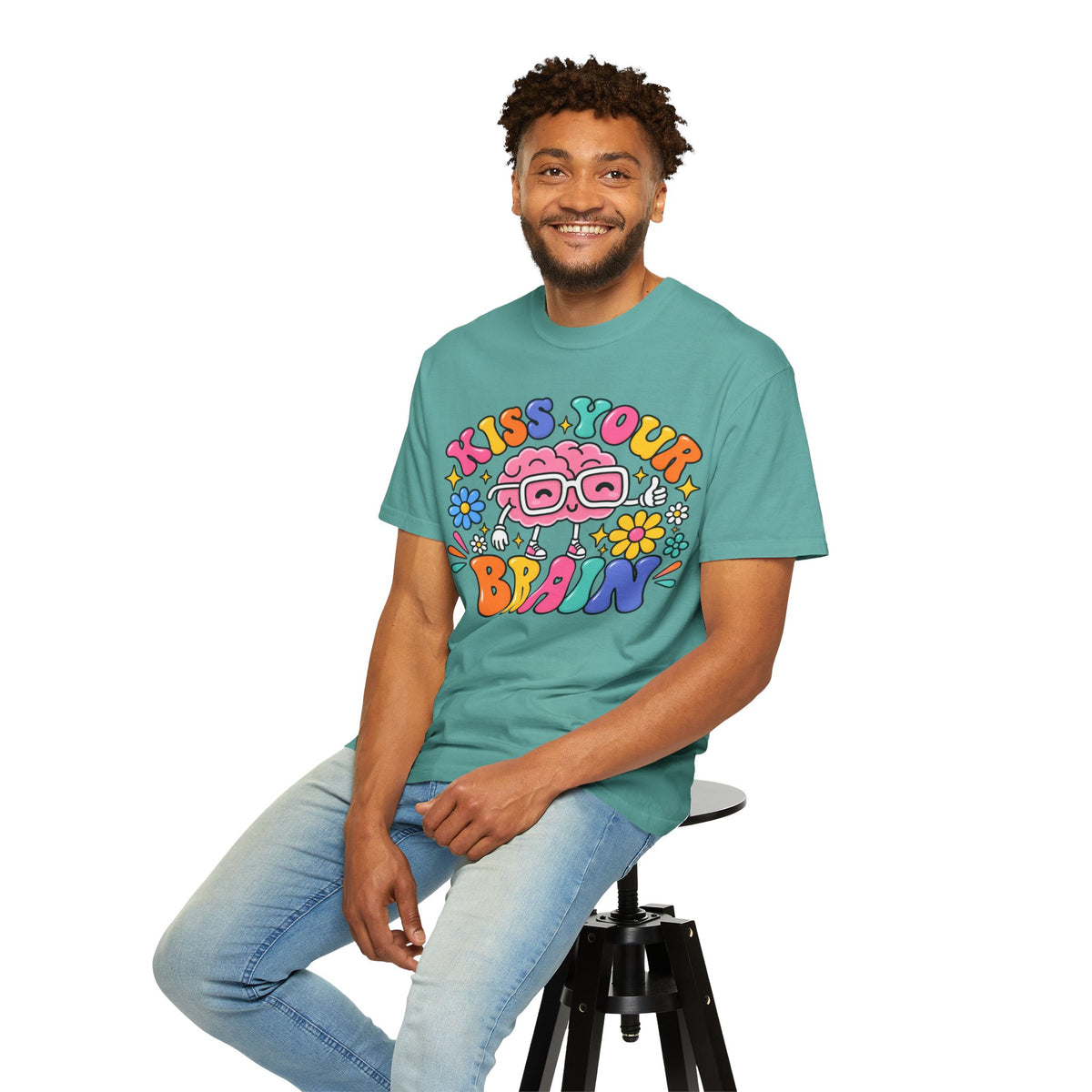 Kiss Your Brain BRI TEE | T-Shirt, Retro Cartoon Brain with Flowers