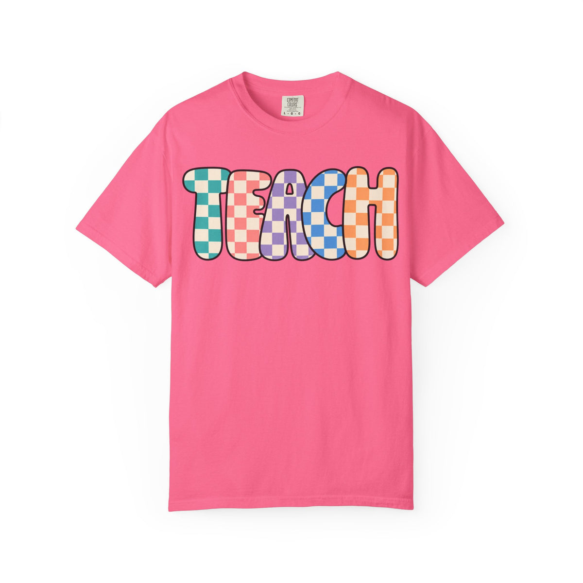 Teach Bubble Letters Checkerboard T-Shirt | Colorful Retro School Tee