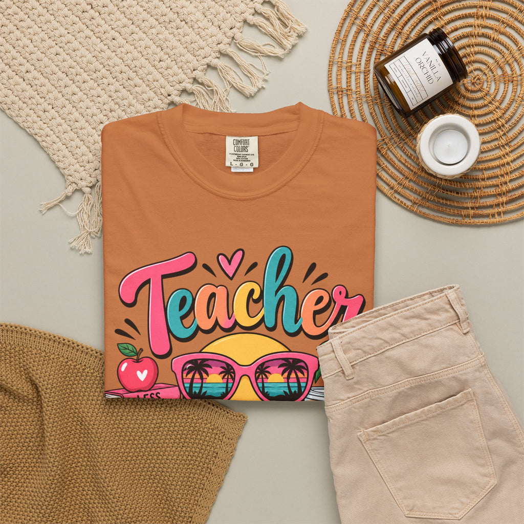 Teacher Off Duty T-shirt | Smiley Sunglasses, Books, Palm Trees, Coffee