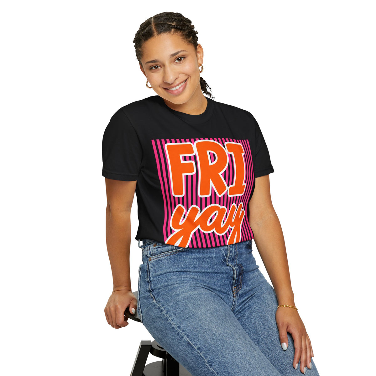 FRI yay T-shirt | Bright Retro Text, Pink Stripes