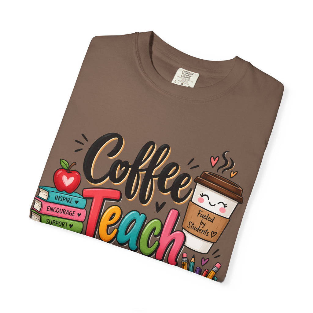 Coffee Teach Repeat T-shirt | Teacher Coffee Book Stack Pencil Mug Design