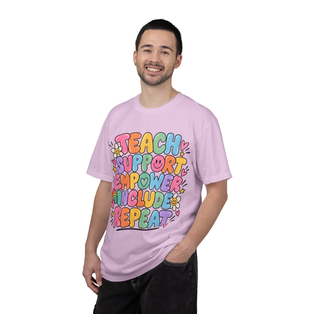 Teach Support Empower Include Repeat T-shirt | Rainbow Positivity Tee