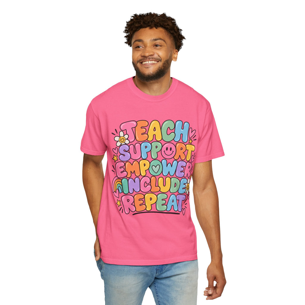 Teach Support Empower Include Repeat T-shirt | Rainbow Positivity Tee