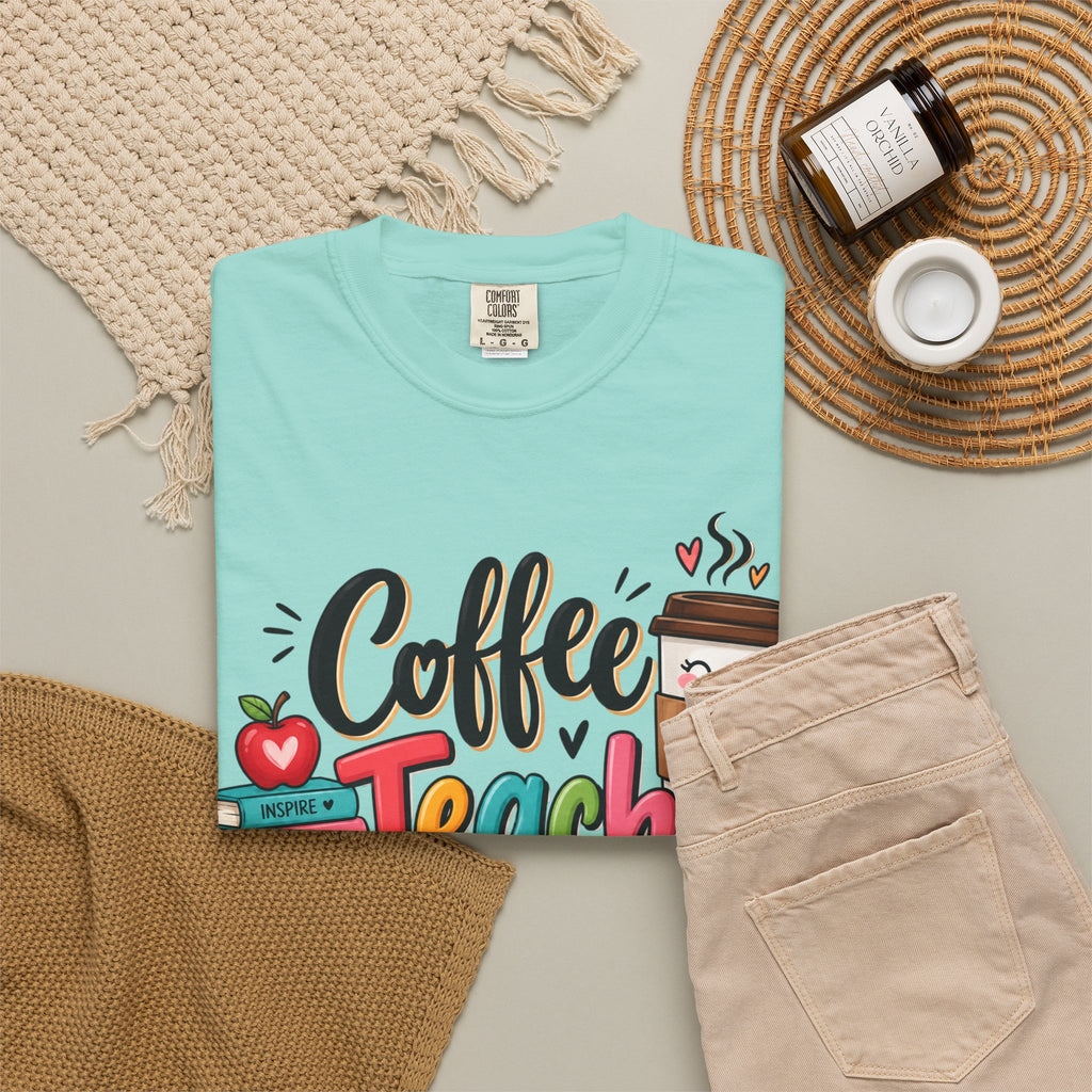 Coffee Teach Repeat T-shirt | Teacher Coffee Book Stack Pencil Mug Design