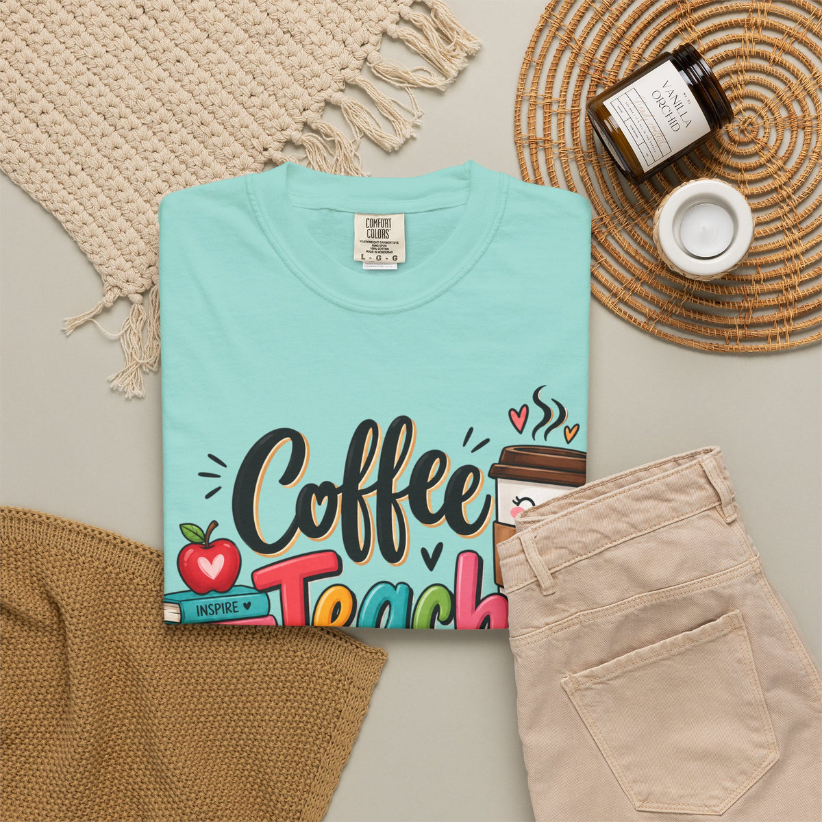 Coffee Teach Repeat T-shirt | Teacher Coffee Book Stack Pencil Mug Design