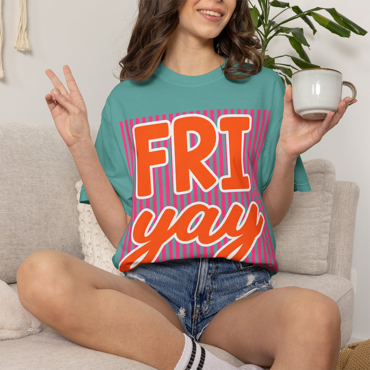 FRI yay T-shirt | Bright Retro Text, Pink Stripes