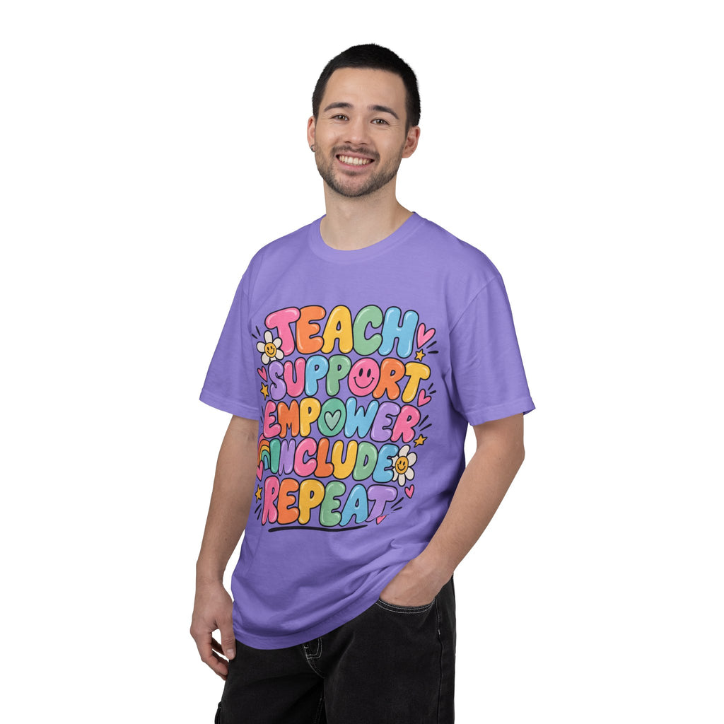 Teach Support Empower Include Repeat T-shirt | Rainbow Positivity Tee