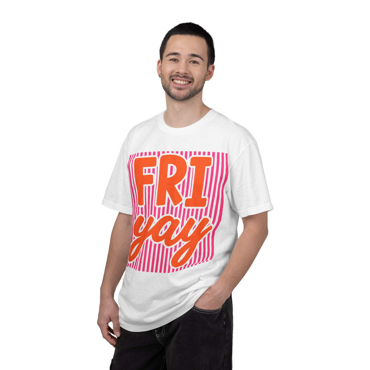 FRI yay T-shirt | Bright Retro Text, Pink Stripes