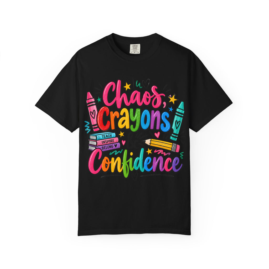 Chaos Crayons & Confidence T-shirt | Colorful Crayon School Art Tee