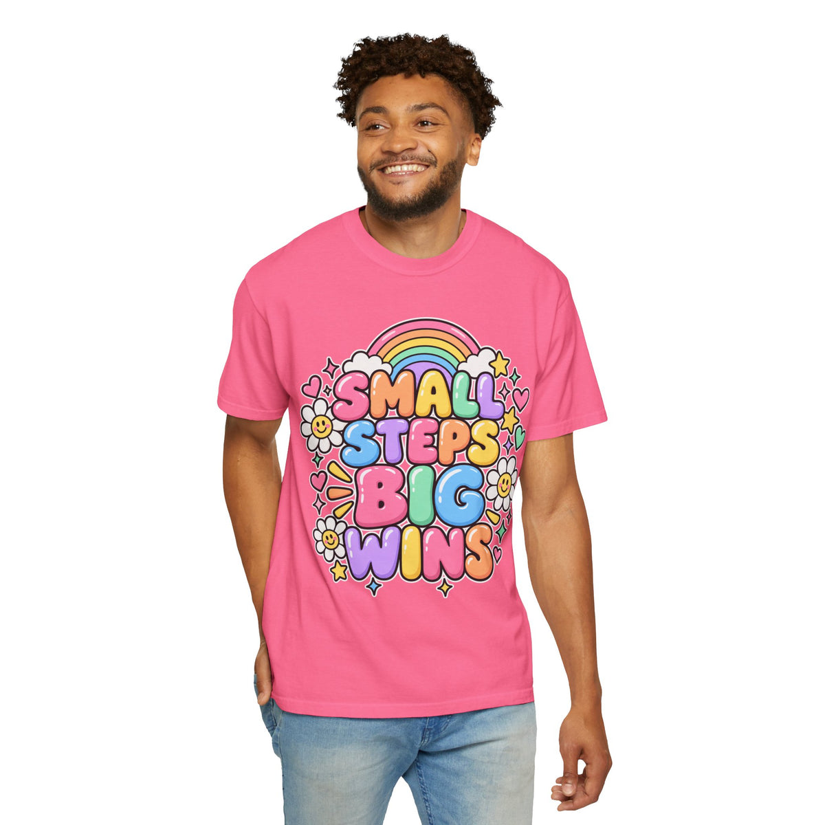 Small Steps Big Wins T-shirt | Retro Rainbow Positive Graphic
