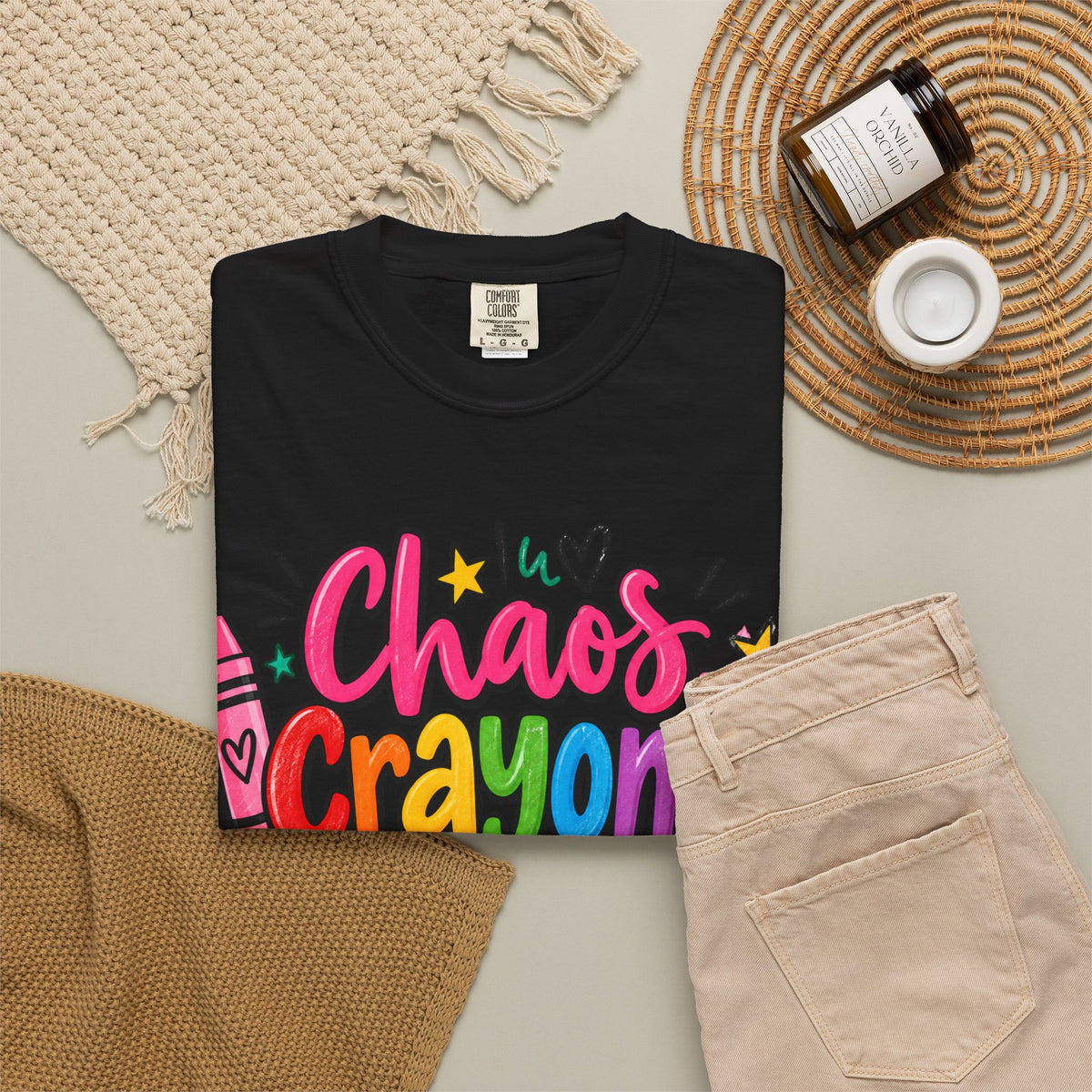 Chaos Crayons & Confidence T-shirt | Colorful Crayon School Art Tee