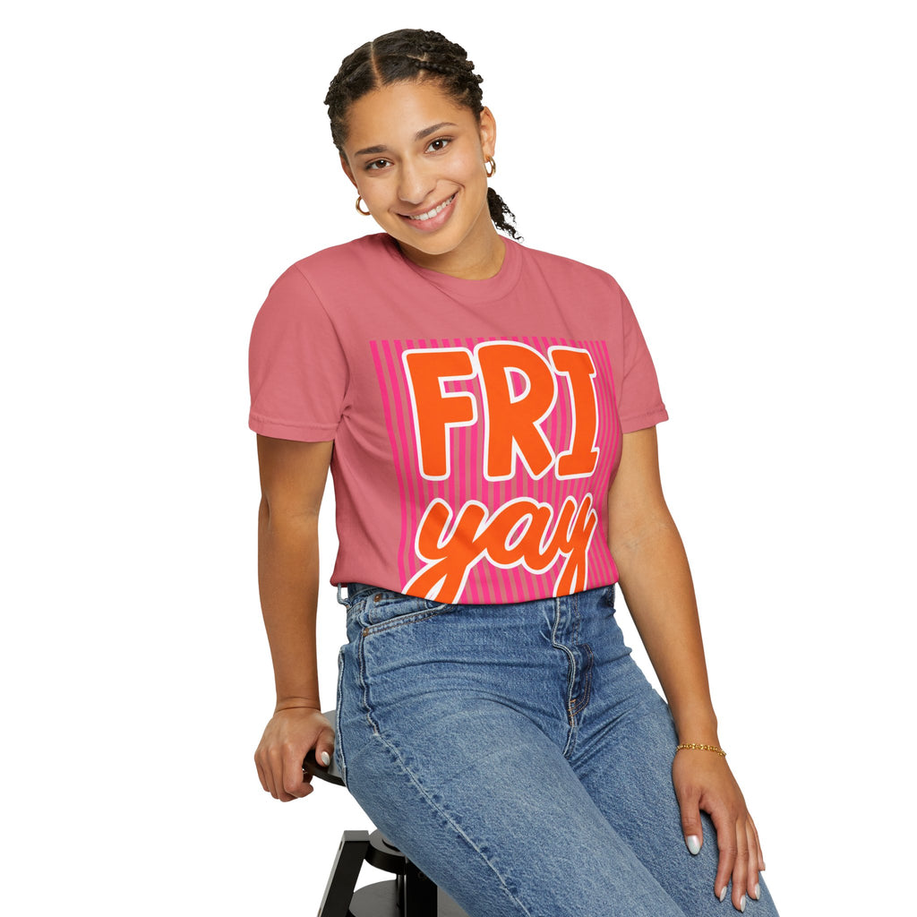 FRI yay T-shirt | Bright Retro Text, Pink Stripes