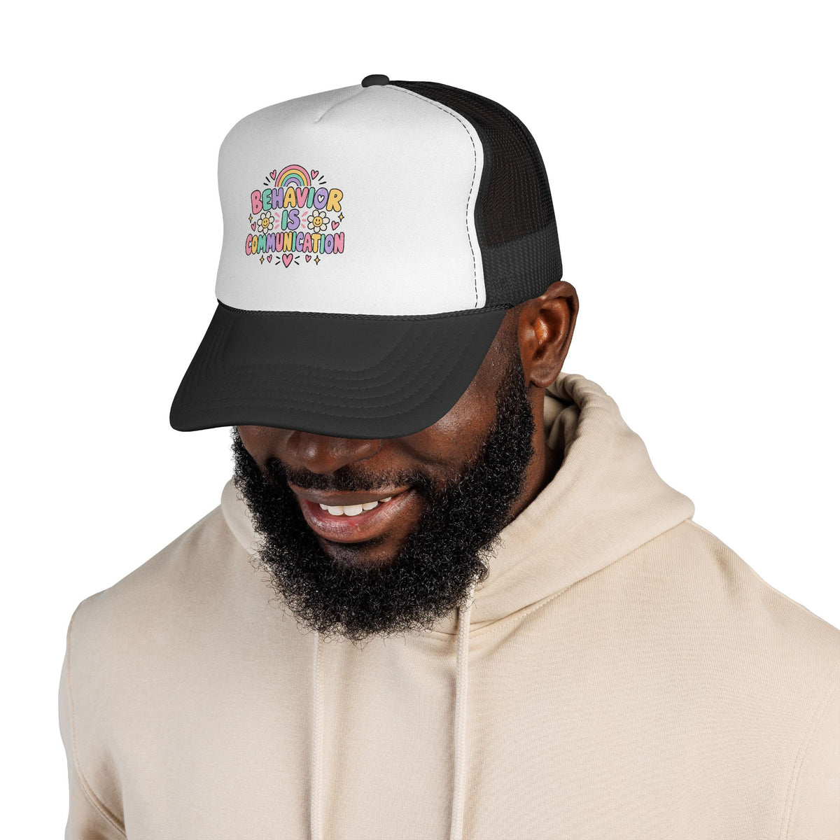 Behavior Is Communication Trucker Cap | Rainbow Floral Illustration