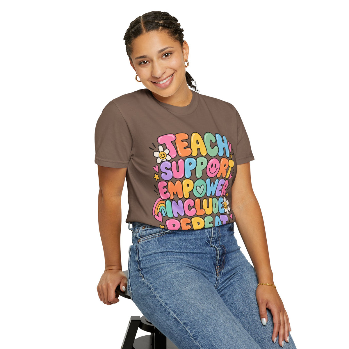 Teach Support Empower Include Repeat T-shirt | Rainbow Positivity Tee