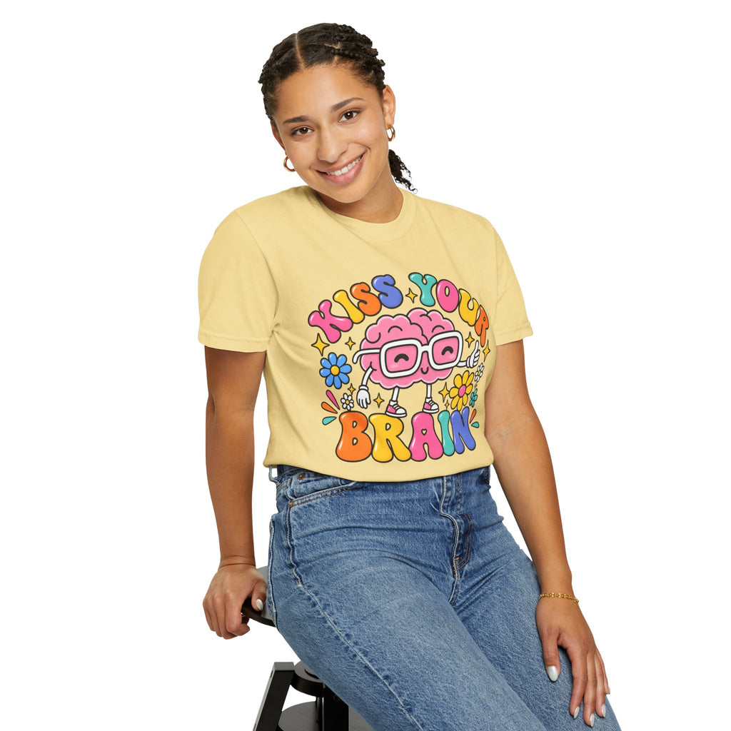 Kiss Your Brain BRI TEE | T-Shirt, Retro Cartoon Brain with Flowers