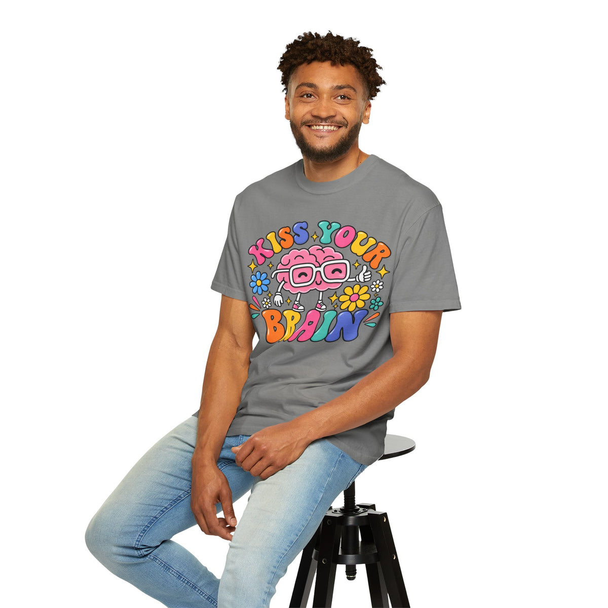 Kiss Your Brain BRI TEE | T-Shirt, Retro Cartoon Brain with Flowers