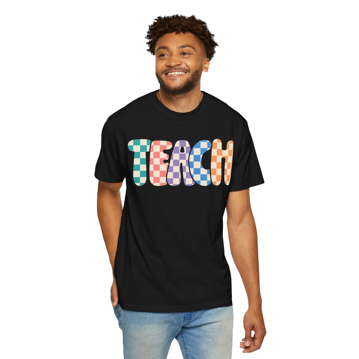 Teach Bubble Letters Checkerboard T-Shirt | Colorful Retro School Tee