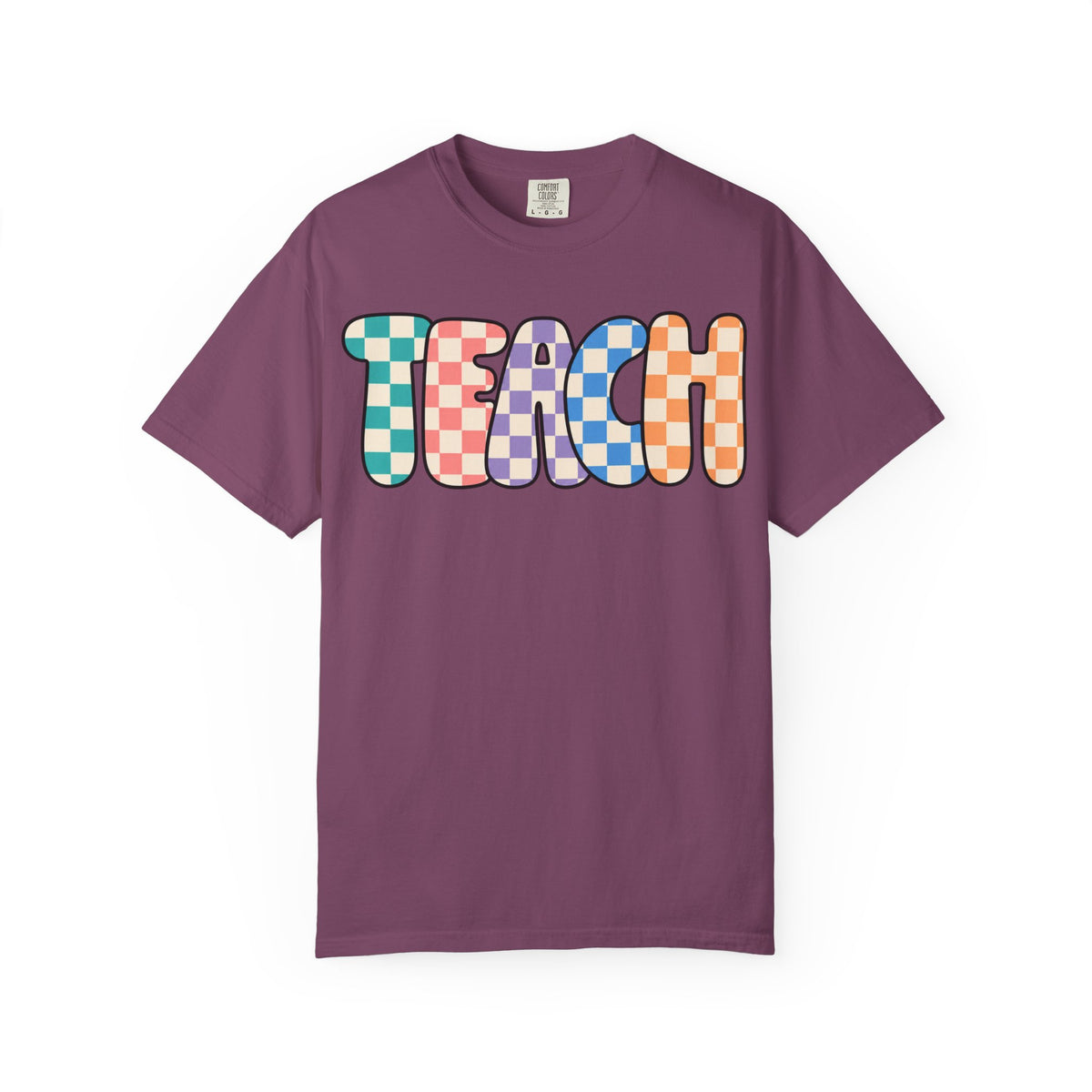 Teach Bubble Letters Checkerboard T-Shirt | Colorful Retro School Tee