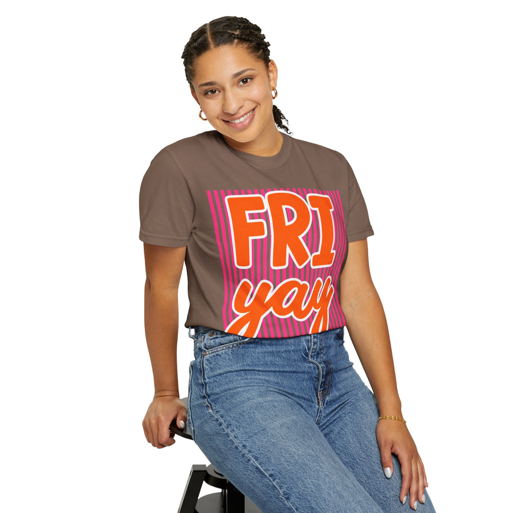 FRI yay T-shirt | Bright Retro Text, Pink Stripes