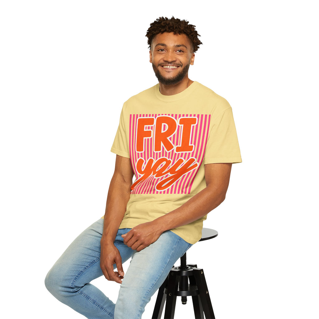 FRI yay T-shirt | Bright Retro Text, Pink Stripes