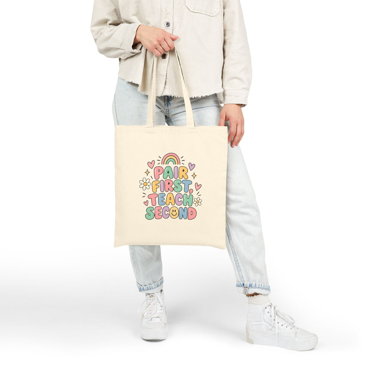 Pair First Teach Second Tote Bag | Teacher Tote, Cute Rainbow Classroom Design