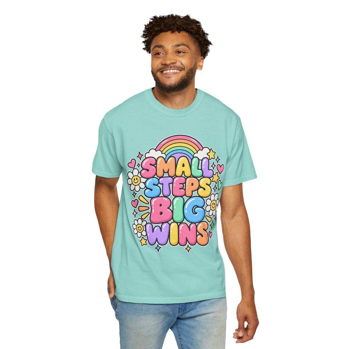 Small Steps Big Wins T-shirt | Retro Rainbow Positive Graphic