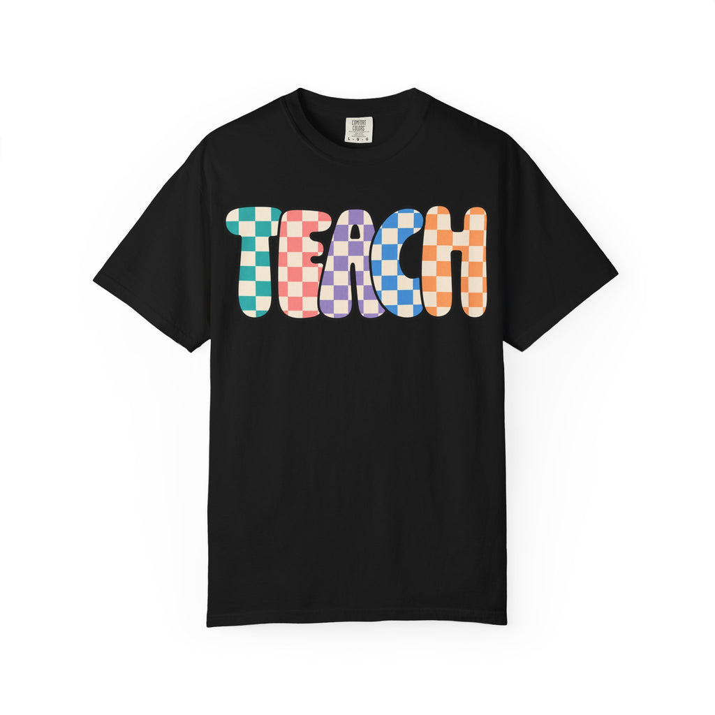 Teach Bubble Letters Checkerboard T-Shirt | Colorful Retro School Tee