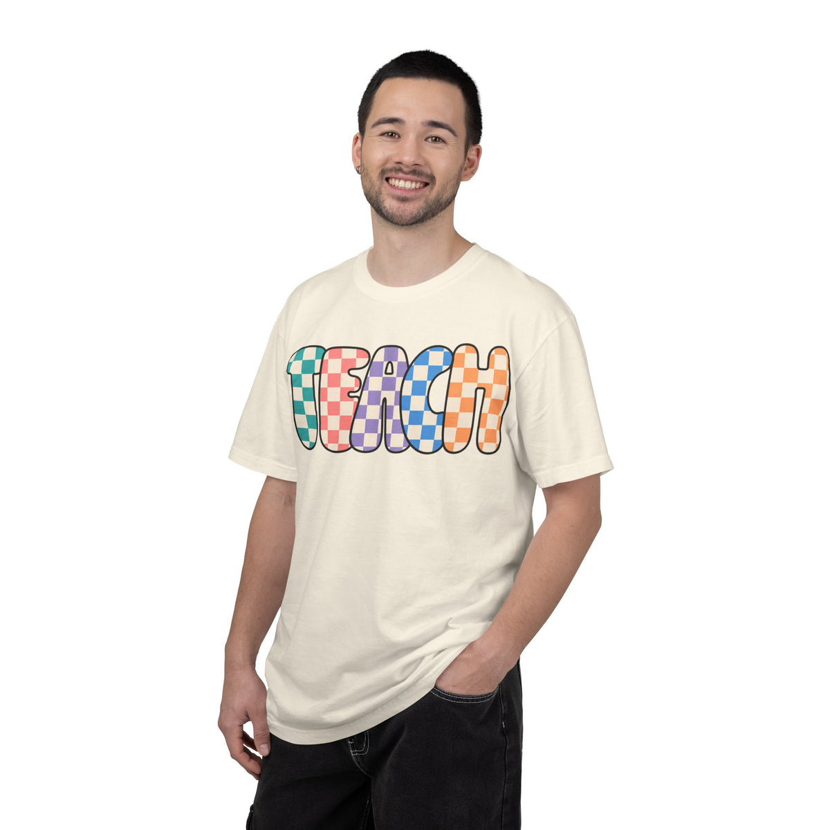 Teach Bubble Letters Checkerboard T-Shirt | Colorful Retro School Tee