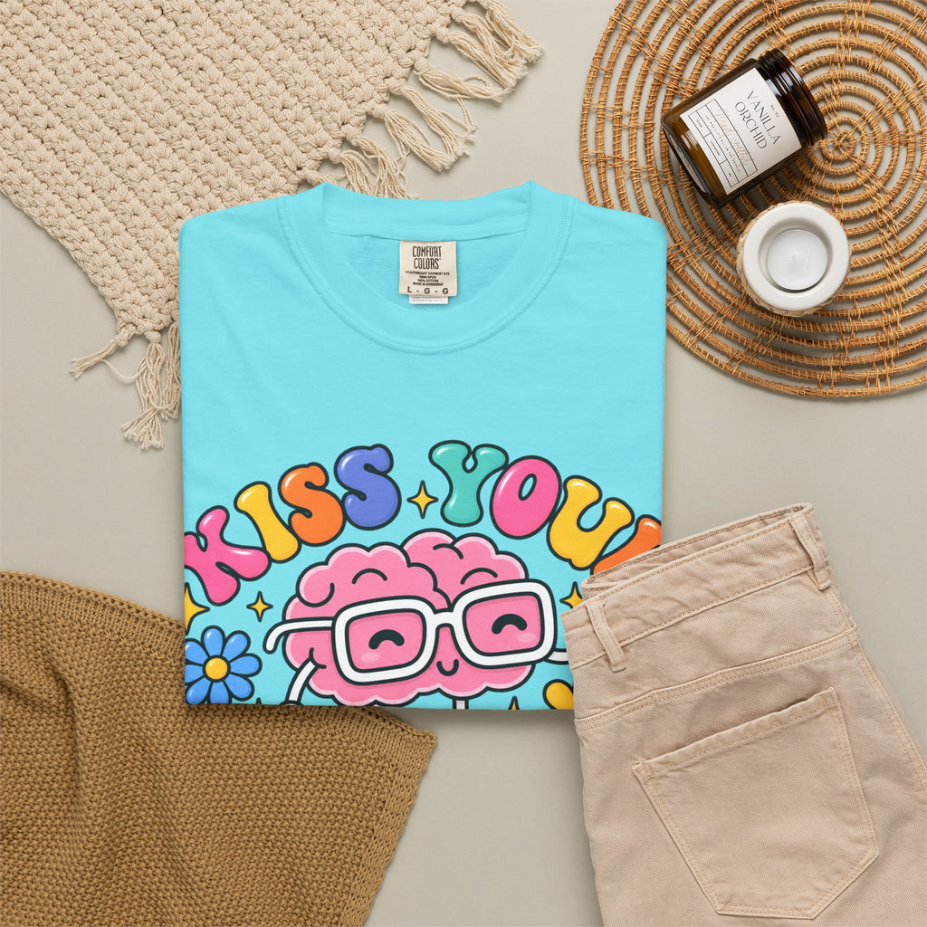Kiss Your Brain BRI TEE | T-Shirt, Retro Cartoon Brain with Flowers