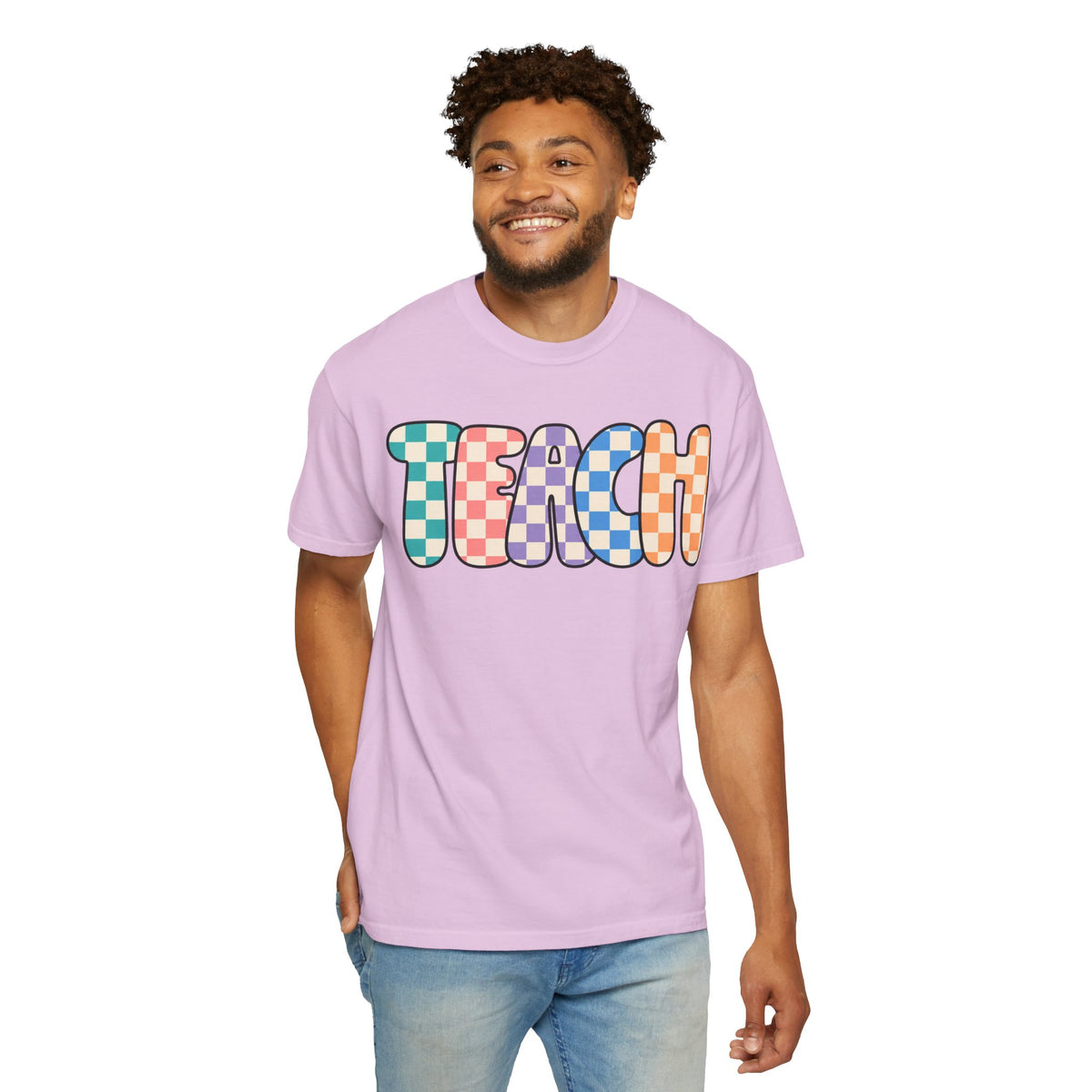 Teach Bubble Letters Checkerboard T-Shirt | Colorful Retro School Tee