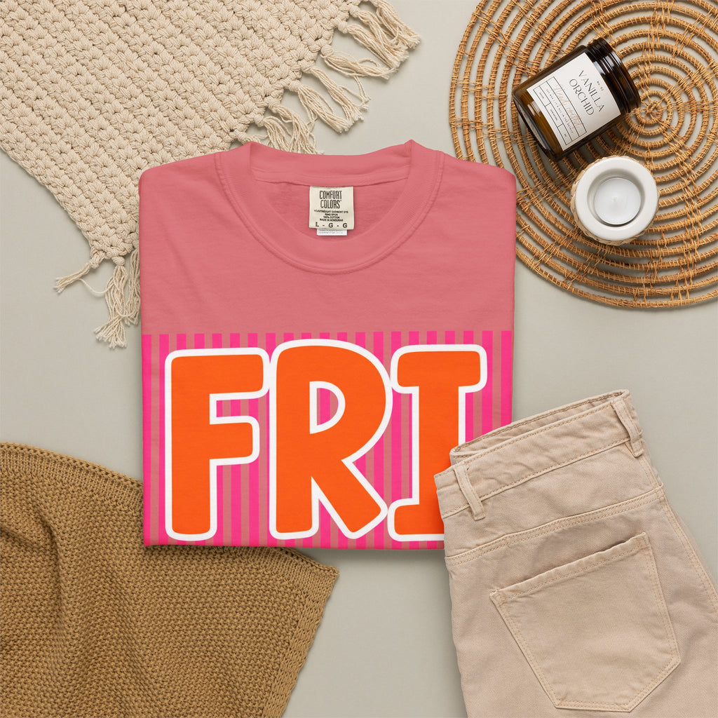 FRI yay T-shirt | Bright Retro Text, Pink Stripes