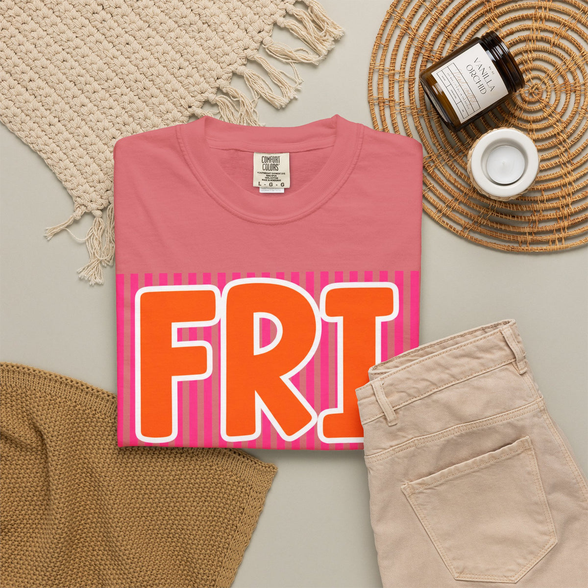 FRI yay T-shirt | Bright Retro Text, Pink Stripes
