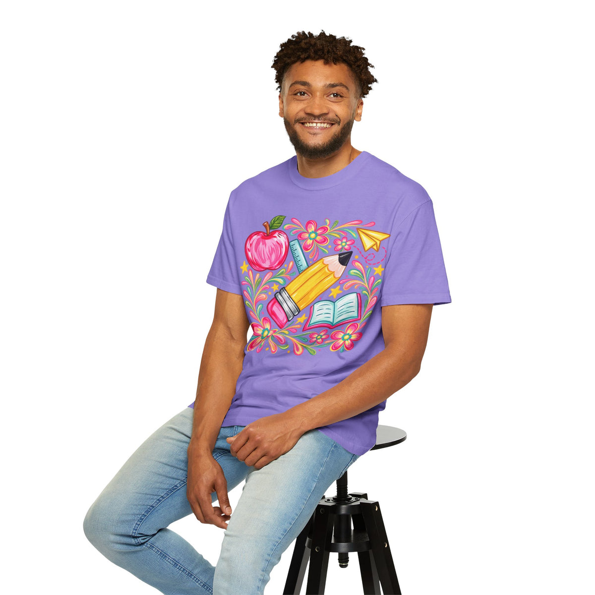 School Supplies Pencil Apple Floral T-shirt | Teacher Student Back to School