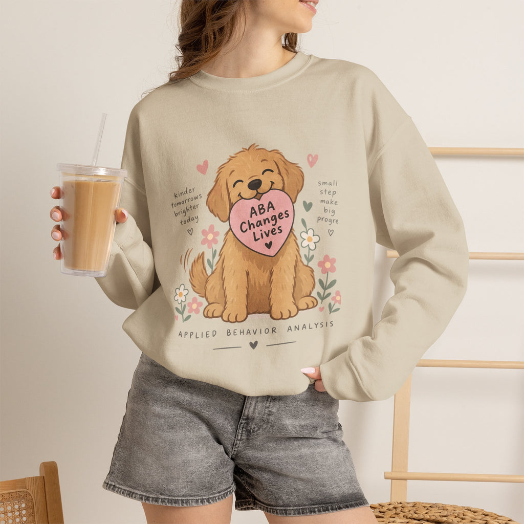 Cute Golden Retriever Holding Heart ABA Changes Lives sweatshirt | Applied Behavior Analysis dog design