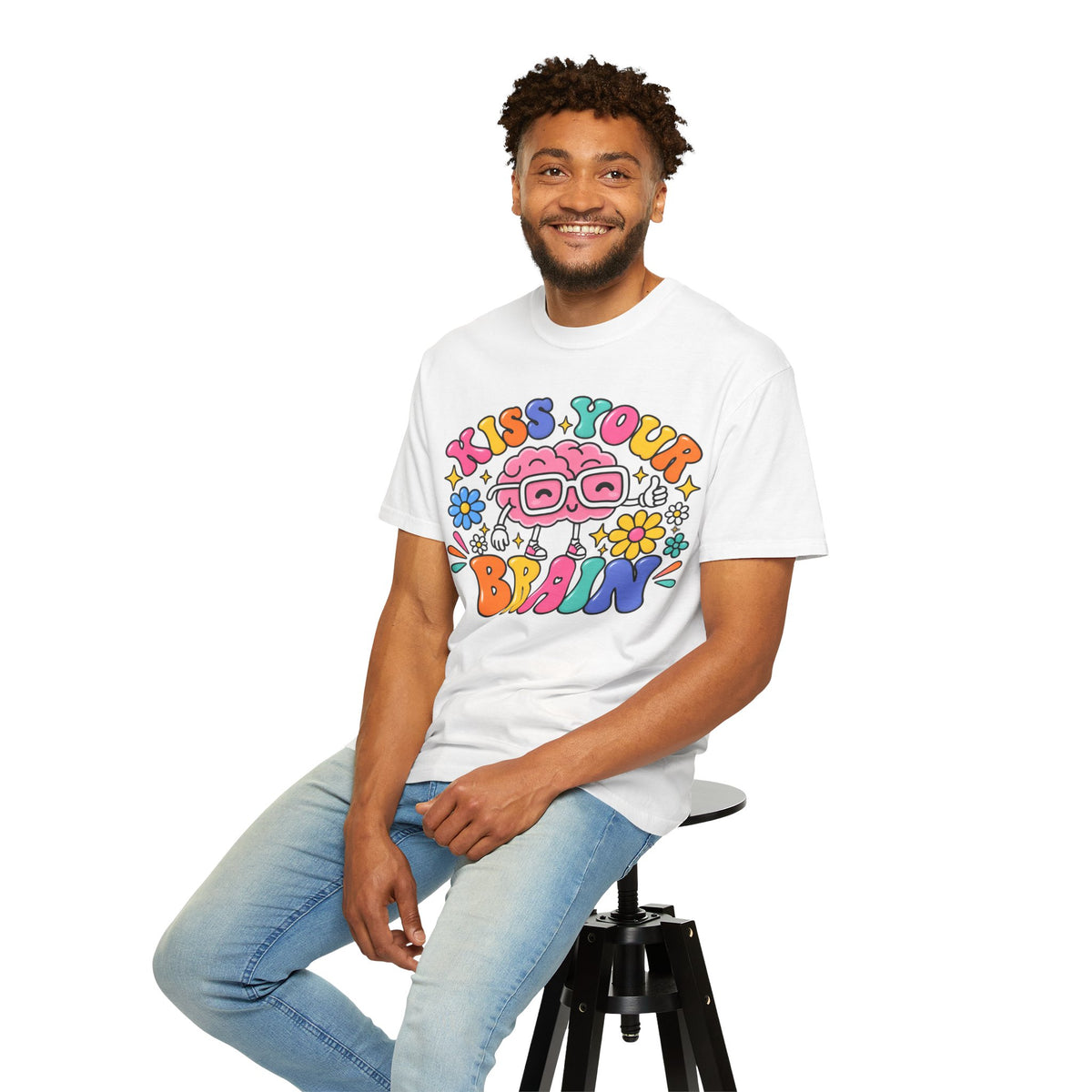 Kiss Your Brain BRI TEE | T-Shirt, Retro Cartoon Brain with Flowers