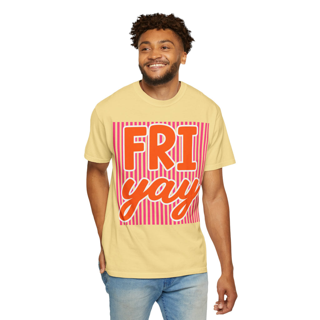 FRI yay T-shirt | Bright Retro Text, Pink Stripes