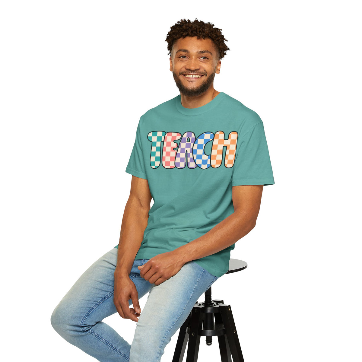 Teach Bubble Letters Checkerboard T-Shirt | Colorful Retro School Tee
