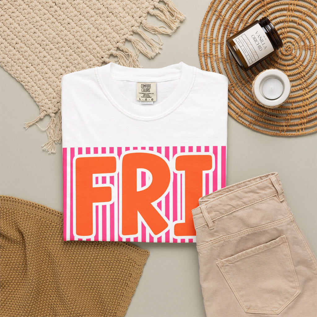 FRI yay T-shirt | Bright Retro Text, Pink Stripes