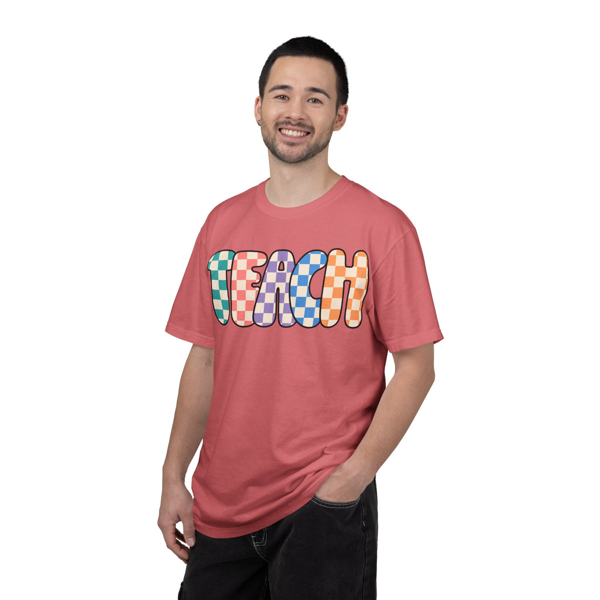 Teach Bubble Letters Checkerboard T-Shirt | Colorful Retro School Tee