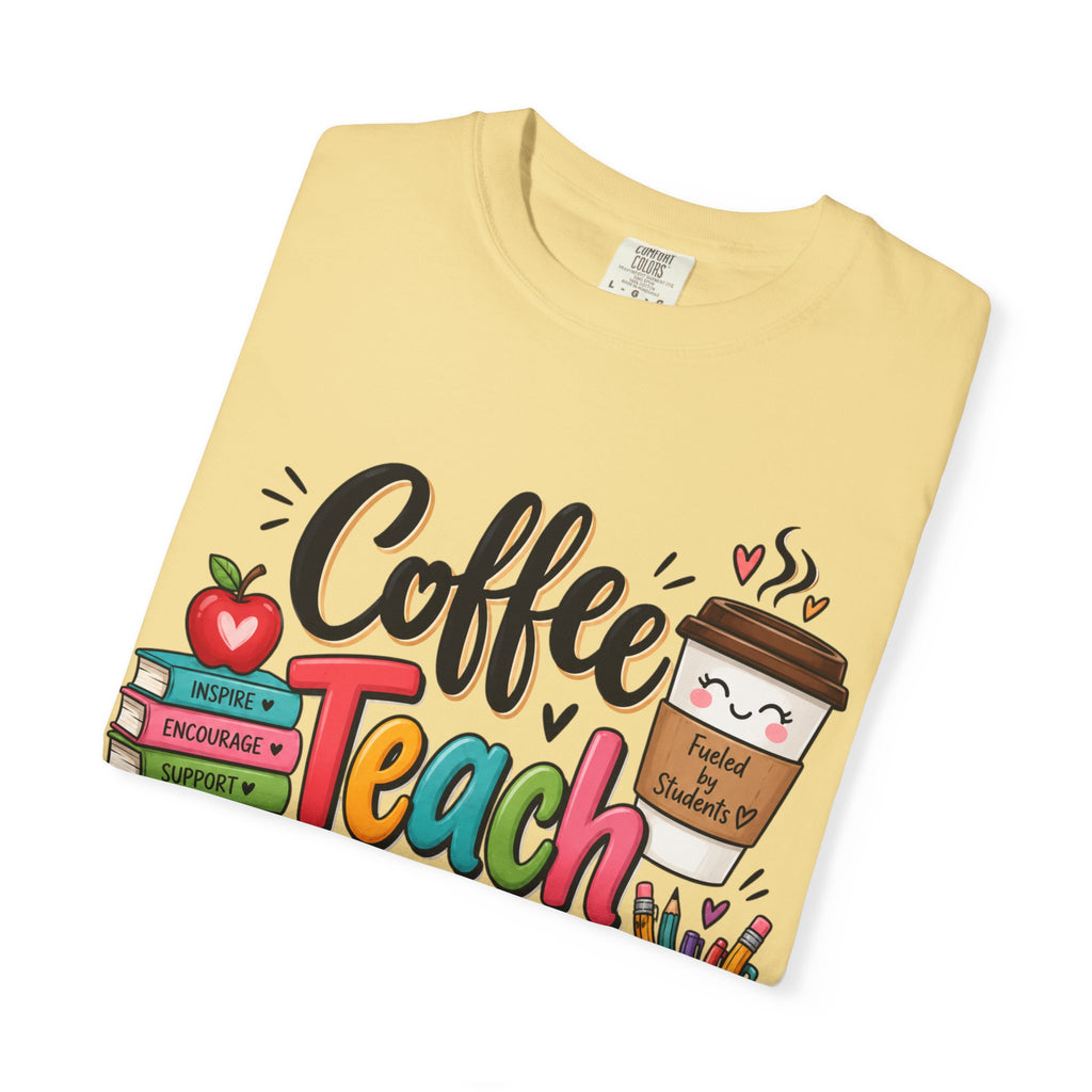 Coffee Teach Repeat T-shirt | Teacher Coffee Book Stack Pencil Mug Design